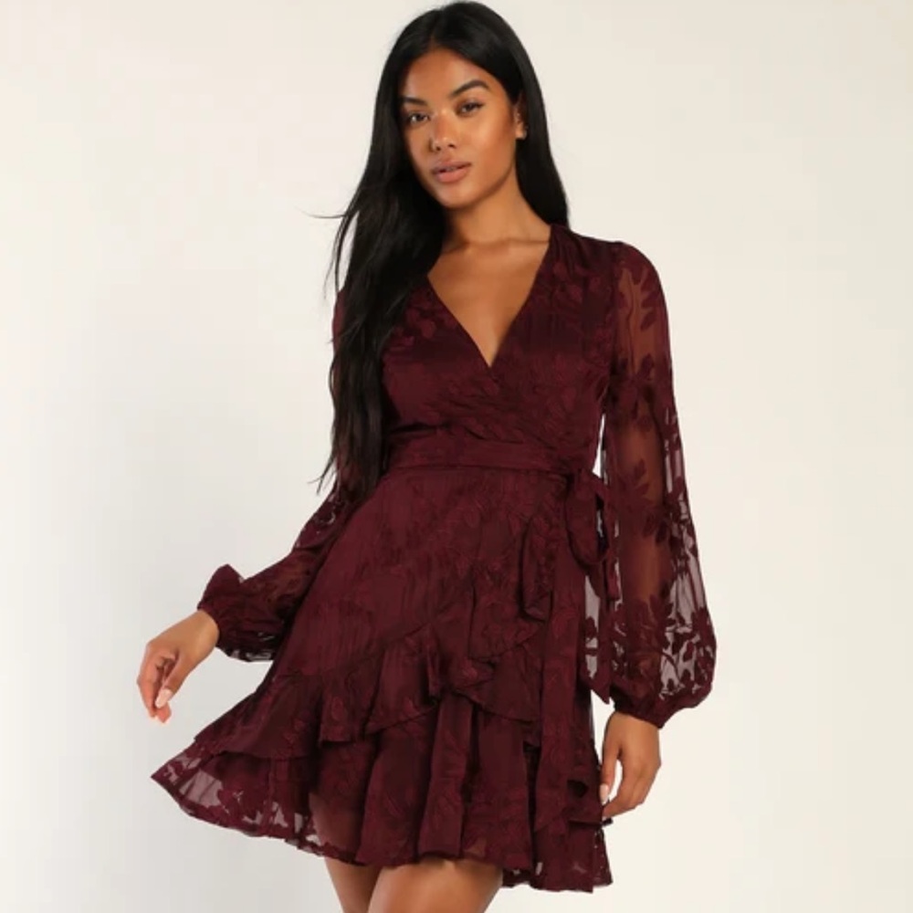 Lulu’s Inclined to Romance Burgundy Floral Embroidered Mini Dress XL